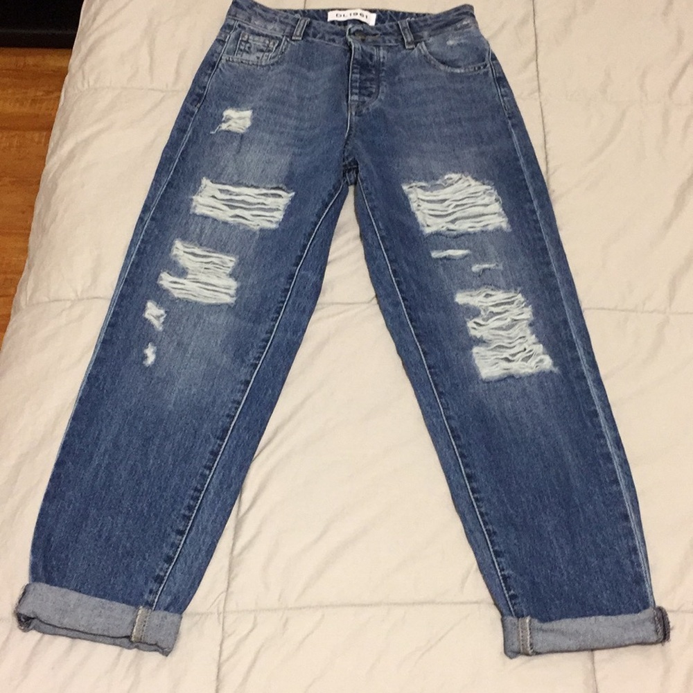 DL1961 high rise shredded jeans